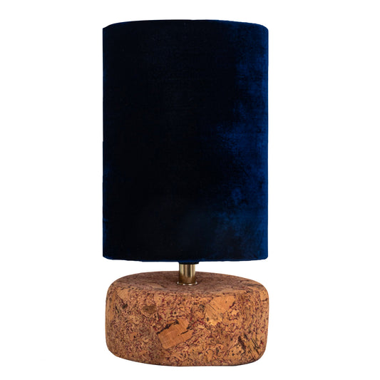 Aurelia Table Lamp in Natural Cork with Blue Velvet Tall Drum Shade